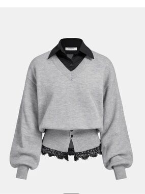 Contrast Collar Lace Hem Sweater